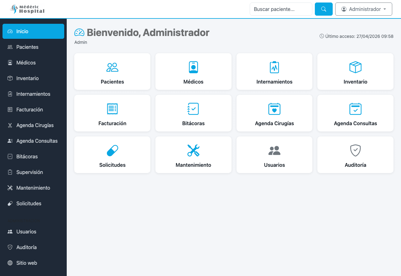Sanitized main dashboard of the internal Médéric Hospital system