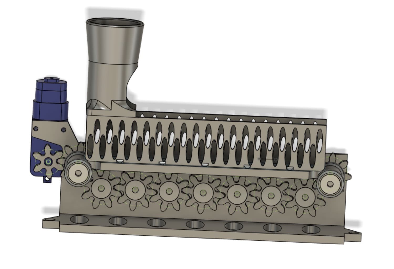 CAD model of a conveyor and dosing mechanism with a hopper and gear train