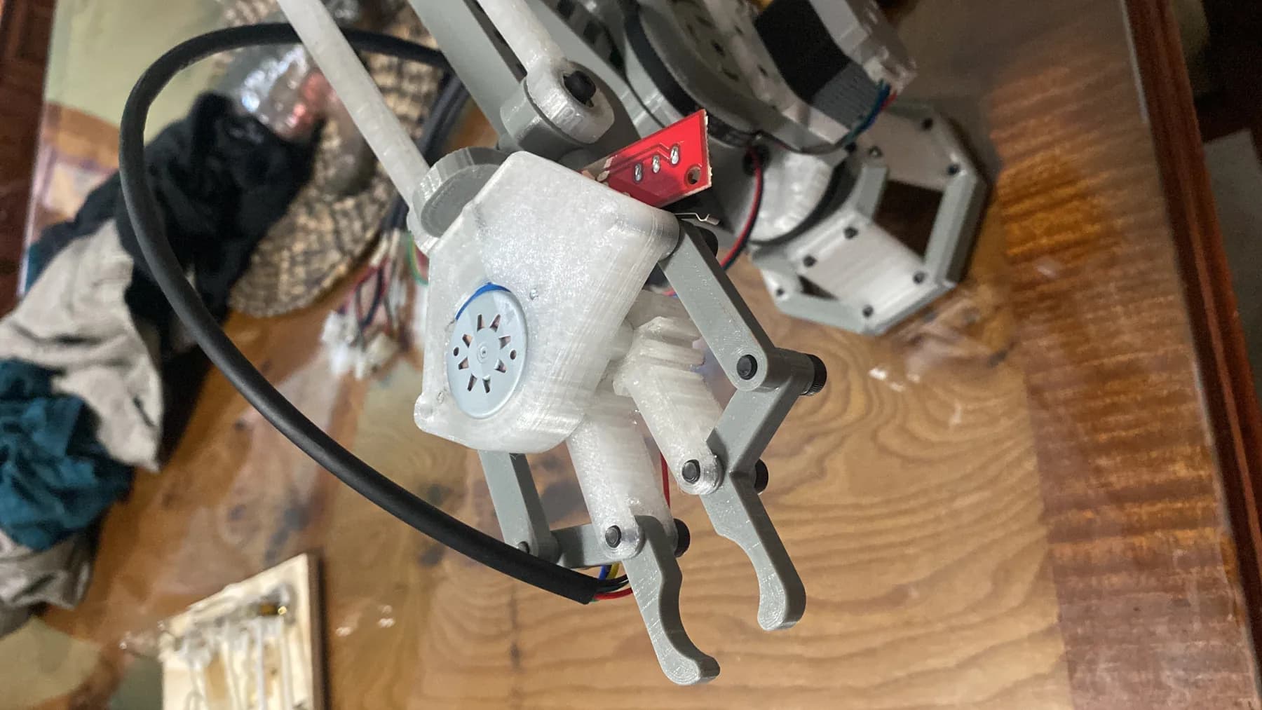 Close-up of the assembled robotic arm joints and gripper
